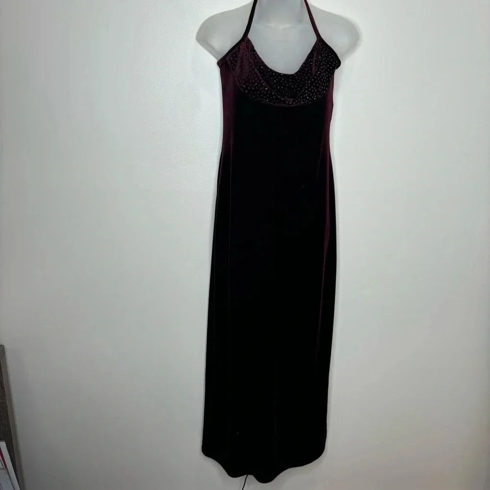 Jessica McClintock Gunne Sax Vintage low back Dark Red Maroon Velour Dress sz 9